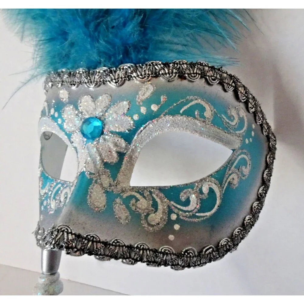 Beautiful Venetian Hand Painted Mask Venice Feathers Blue Masquerade with Handle